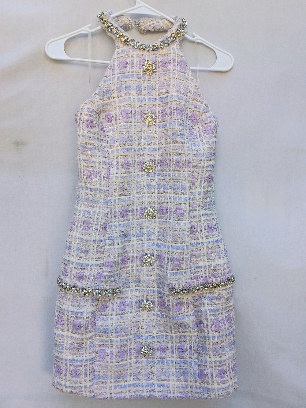 Fashion Nova Lilac Plaid Tweed Halter Dress with Jeweled Trim and Buttons M